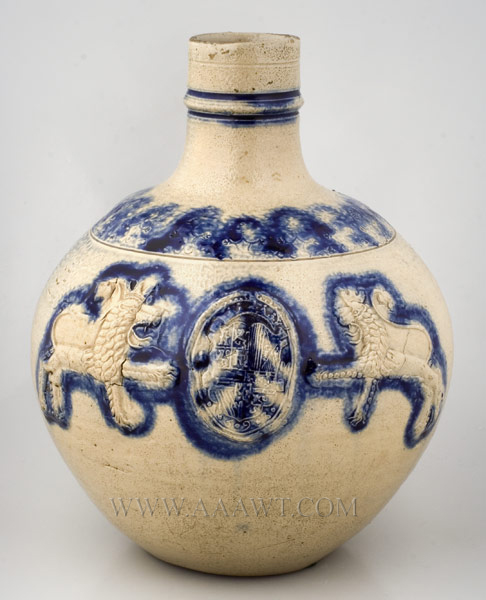 Westerwald, Stoneware Jug, dated 1656 White Saltglaze, Enriched in Cobalt 
Molded and Applied Lions Passant Centering Oval Medallion Dated 1656, front view